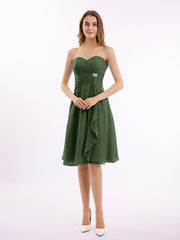 Short Chiffon Dress with Sweetheart Neck Shining Decor Olive Green