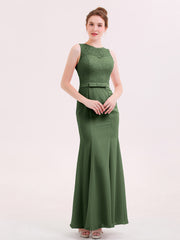 Mermaid Illusion Neck Long Gowns with Bow Olive Green