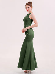 Mermaid Illusion Neck Long Gowns with Bow Olive Green
