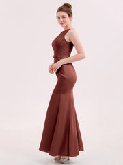 Mermaid Illusion Neck Long Gowns with Bow Terracotta
