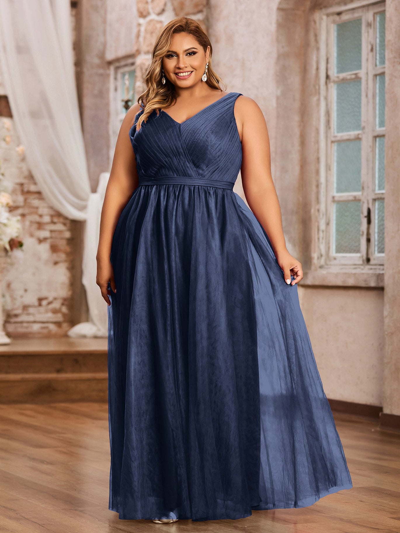 BABARONI Tulle Dark Navy Bridesmaid Dresses A-line V-neck Sleeveless Floor- length – BABARONI UK