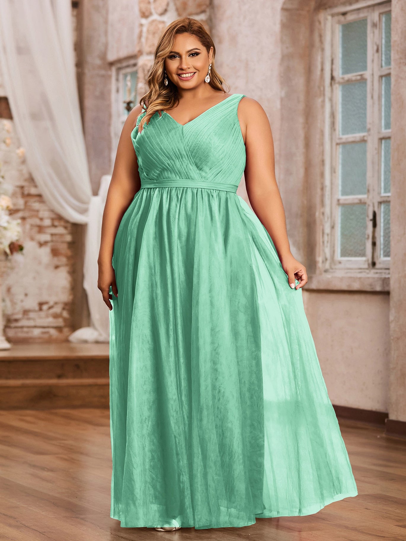 BABARONI Tulle Turquoise Bridesmaid Dresses A-line V-neck Sleeveless  Floor-length – BABARONI UK