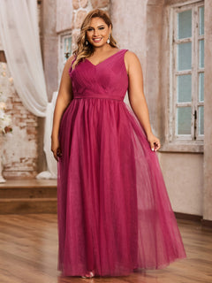 A-line V-neckline Long Tulle Dresses Mulberry