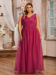 A-line V-neckline Long Tulle Dresses Mulberry