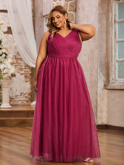 A-line V-neckline Long Tulle Dresses Mulberry