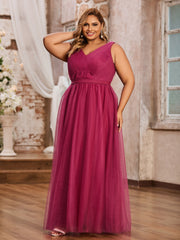 A-line V-neckline Long Tulle Dresses Mulberry
