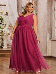 A-line V-neckline Long Tulle Dresses Mulberry