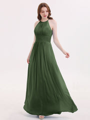 Full Length Chiffon Halter Dresses Olive Green