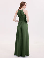 Full Length Chiffon Halter Dresses Olive Green
