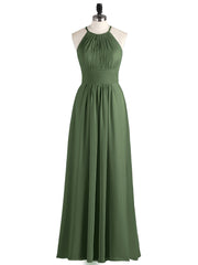 Full Length Chiffon Halter Dresses Olive Green