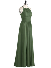 Full Length Chiffon Halter Dresses Olive Green