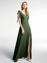 Bowed Flat Strap Dress Maxi with Front Slit Olive Green