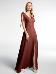 Bowed Flat Strap Dress Maxi with Front Slit Terracotta
