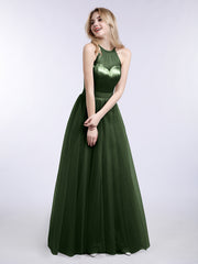 Long Tulle Dresses with Illusion Neckline Olive Green