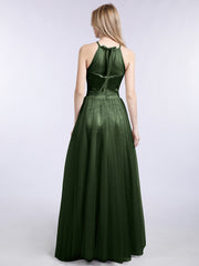 Long Tulle Dresses with Illusion Neckline Olive Green
