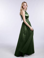 Long Tulle Dresses with Illusion Neckline Olive Green