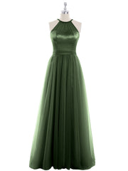 Long Tulle Dresses with Illusion Neckline Olive Green