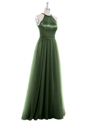 Long Tulle Dresses with Illusion Neckline Olive Green