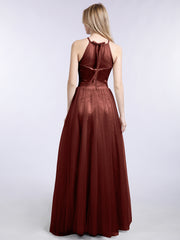 Long Tulle Dresses with Illusion Neckline Terracotta