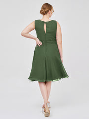 Knee-length Chiffon Dress with Scoop Neck and Sash Bow Olive Green