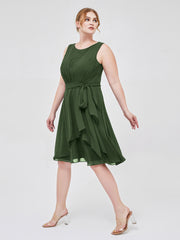 Knee-length Chiffon Dress with Scoop Neck and Sash Bow Olive Green