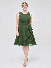 Knee-length Chiffon Dress with Scoop Neck and Sash Bow Olive Green