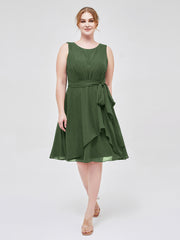 Knee-length Chiffon Dress with Scoop Neck and Sash Bow Olive Green