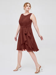 Knee-length Chiffon Dress with Scoop Neck and Sash Bow Terracotta