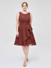 Knee-length Chiffon Dress with Scoop Neck and Sash Bow Terracotta