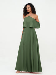 Halter Straps Full Length Chiffon Dresses with Pockets Olive Green
