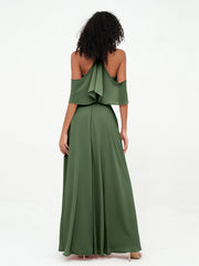 Halter Straps Full Length Chiffon Dresses with Pockets Olive Green