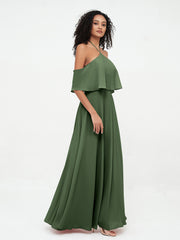 Halter Straps Full Length Chiffon Dresses with Pockets Olive Green