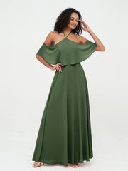 Halter Straps Full Length Chiffon Dresses with Pockets Olive Green