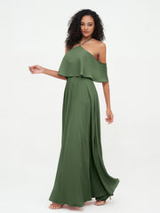 Halter Straps Full Length Chiffon Dresses with Pockets Olive Green