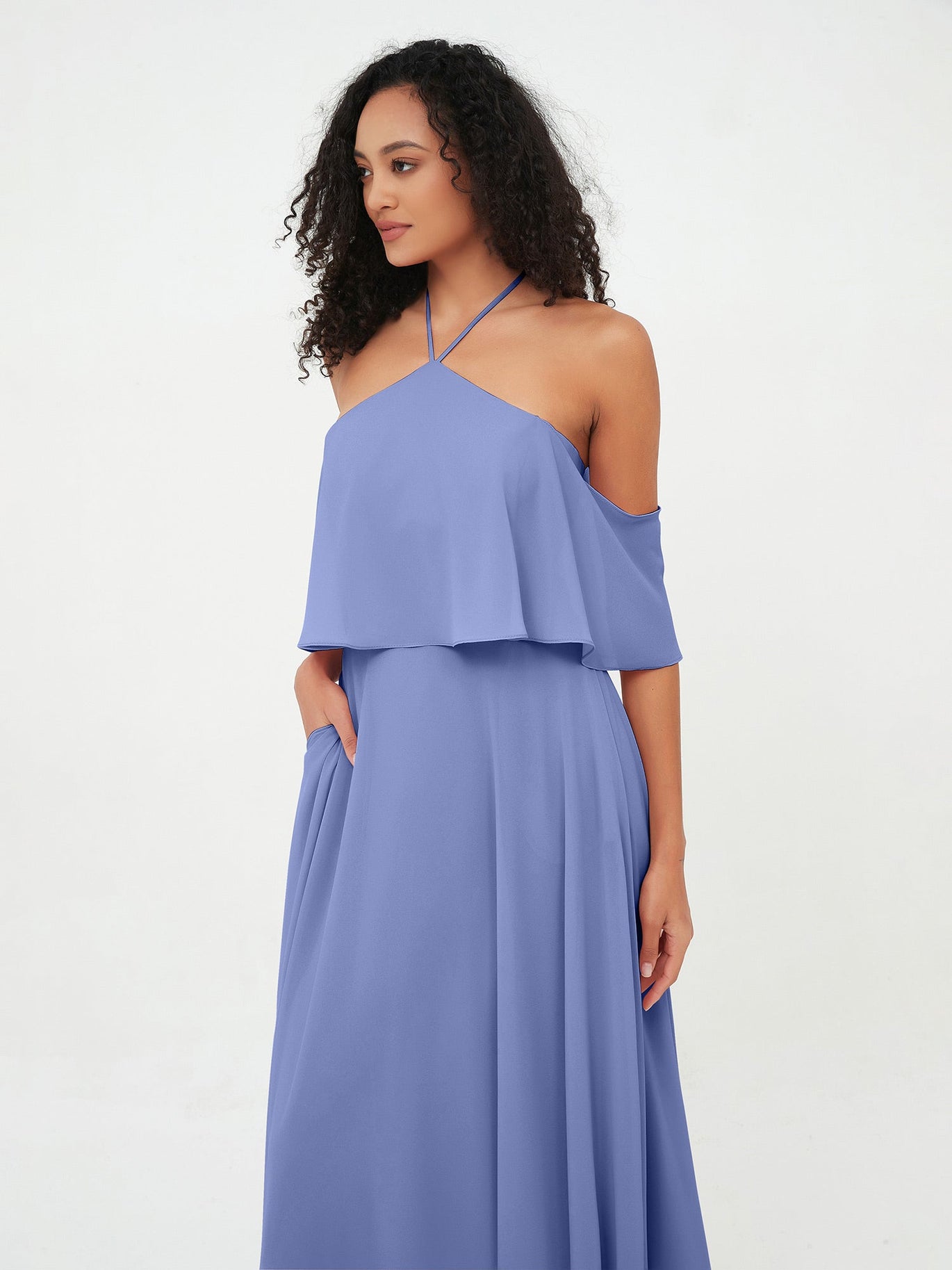 BABARONI Chiffon Periwinkle Bridesmaid Dresses A-line Halter Floor-length  Spaghetti Straps Pocket – BABARONI UK