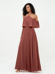 Halter Straps Full Length Chiffon Dresses with Pockets Terracotta