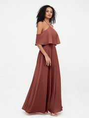 Halter Straps Full Length Chiffon Dresses with Pockets Terracotta