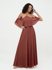 Halter Straps Full Length Chiffon Dresses with Pockets Terracotta