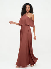 Halter Straps Full Length Chiffon Dresses with Pockets Terracotta