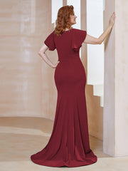 V-Neck Sweep Train Mermaid Gown Burgundy