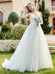 Floral Applique Bodysuit Wedding Dress Ivory