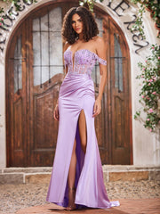 Elegant Off-the-shoulder Corset Bodice Long Satin Dresses With Slit Lilac