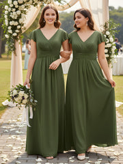 V-Neck Chiffon Dresses with Cap Sleeves Olive Green