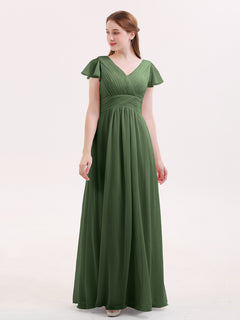 V-Neck Chiffon Dresses with Cap Sleeves Olive Green