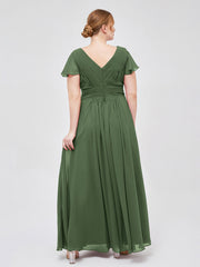 V-Neck Chiffon Dresses with Cap Sleeves Olive Green