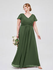 V-Neck Chiffon Dresses with Cap Sleeves Olive Green