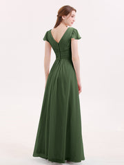 V-Neck Chiffon Dresses with Cap Sleeves Olive Green