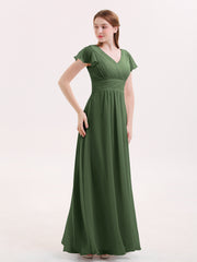 V-Neck Chiffon Dresses with Cap Sleeves Olive Green