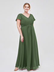 V-Neck Chiffon Dresses with Cap Sleeves Olive Green
