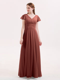 V-Neck Chiffon Dresses with Cap Sleeves Terracotta